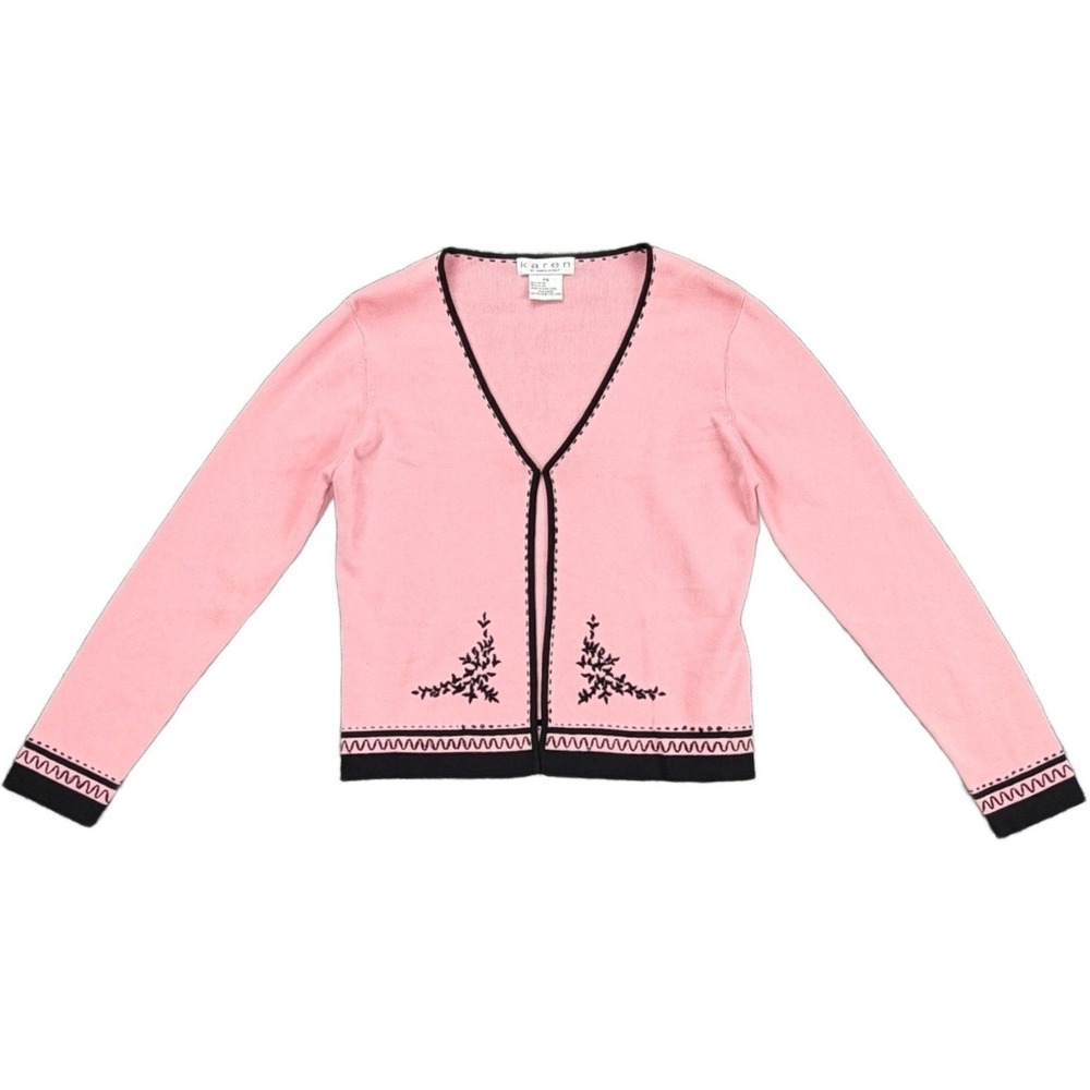 Karen Lessly Women's PS Pink Cardigan Sweater Floral Knit Hook Eye Rayon Nylon